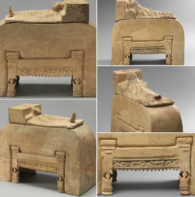 A pair of terracotta cinerary urns, always coming from the necropolis of Banditaccia, Cerveteri - Vth century BCE. Note how the similarity of the urns (size and decorations) testifies to the equality between wife and husband.