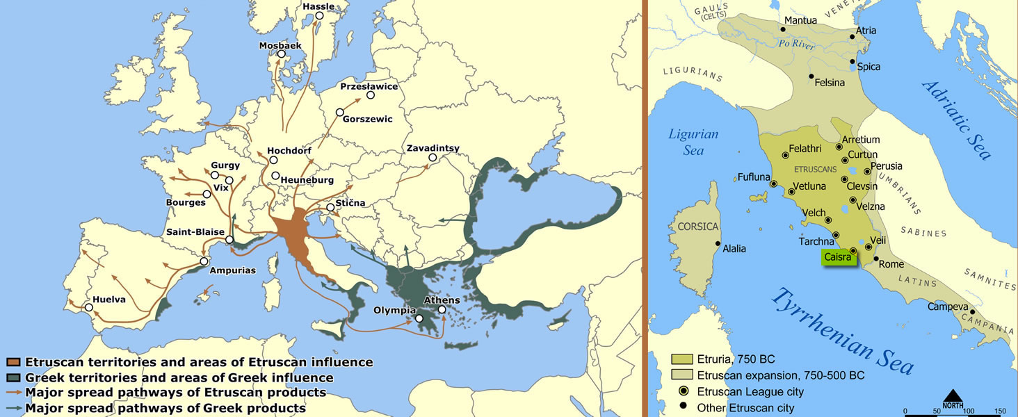 Etruscan territories, city-states and major spread pathways of Etruscan products