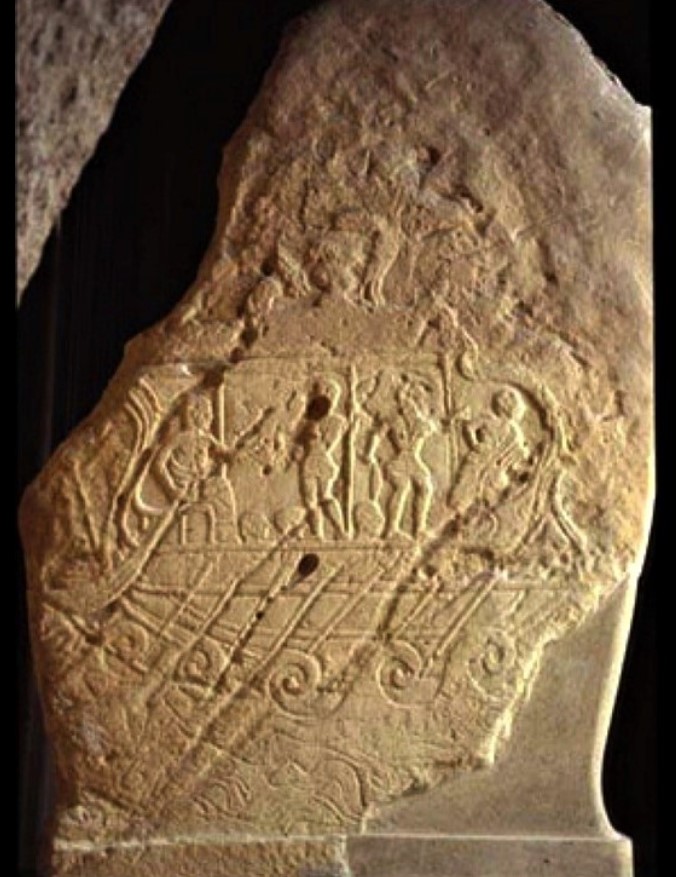 The funerary stele of Vel Kaikna depicts a large Etruscan warship sailing on the sea