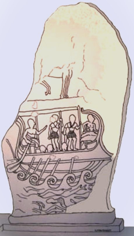 The funerary stele of Vel Kaikna depicts a large Etruscan warship sailing on the sea.