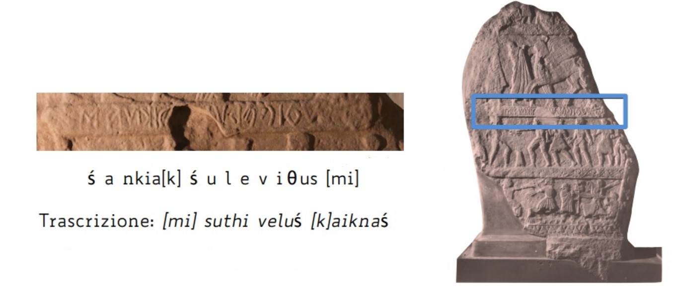 Reverse of the funerary stele of Vel Kaikna with Etruscan inscription '(I am) Vel Kaikna's tomb', Civic Archaeological Museum of Bologna