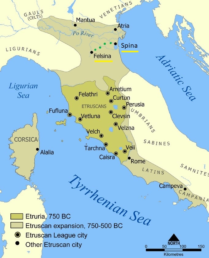 A map showing the extent of Etruria and the Etruscan civilization. The map includes the 12 cities of the Etruscan League and notable cities founded by the Etruscans. The dates on the map are an approximation. Note Felsina (Bologna) and the nearby port of Spica (Comacchio) on the Adriatic Sea.