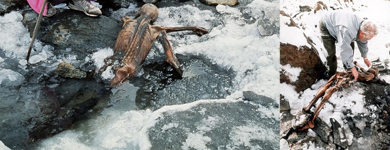 The discovery of Oetzi and his displacement, the mummy of the Similaun Man
