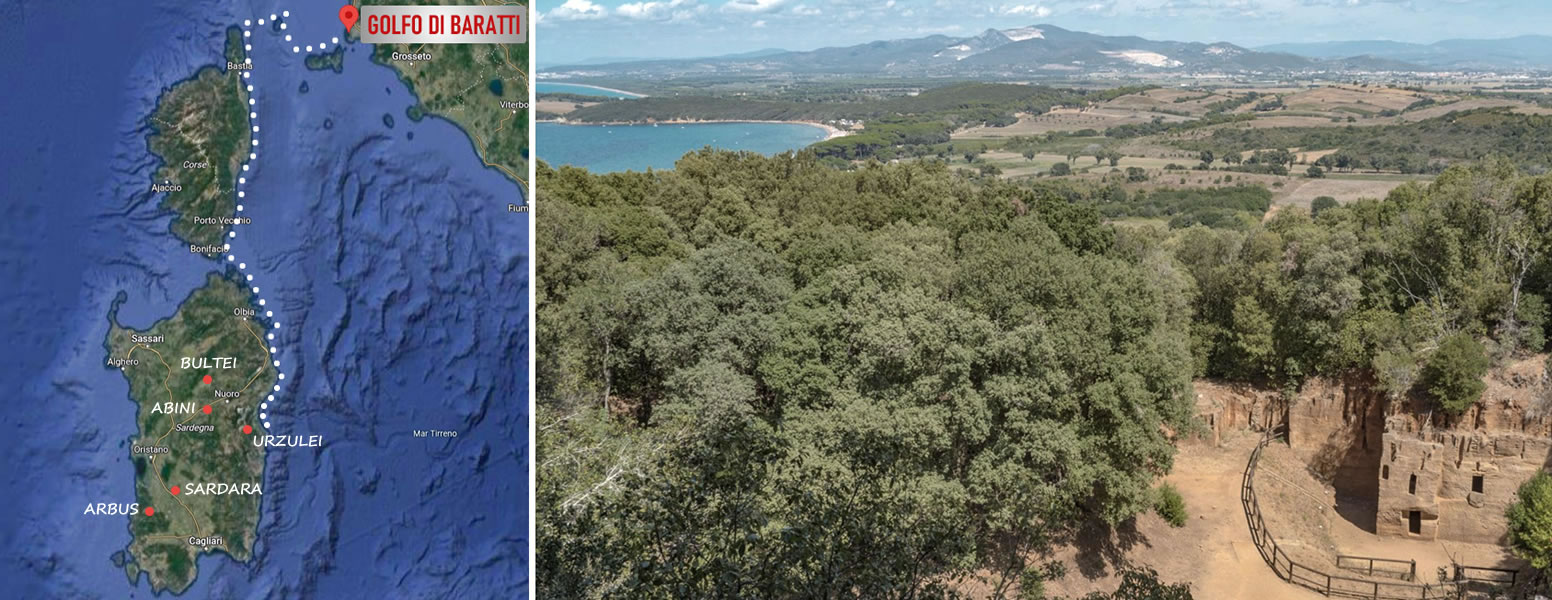 On the left, a map of Sardinia and on the right the Etruscan Archaeological Park in Populonia, Golfo di Baratti, Livorno (oroseiproloco.it)