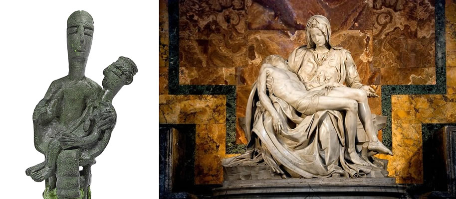 On the left the small bronze known as 'The mother of the murdered' coming from Sa Dom'e S'Orku of Urzulei on the right Michelangelo's Pietà (1497-1499) - (National Archaeological Museum in Cagliari)