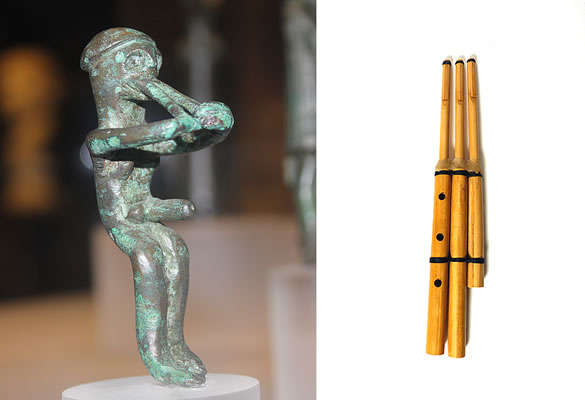 Itiphalic bronze of <b>musician</b> sitting who seems to play instrument consisting of three reeds, perhaps an launeddas (right) 8th century BC, Ittiri  - (National Archaeological Museum in Cagliari)