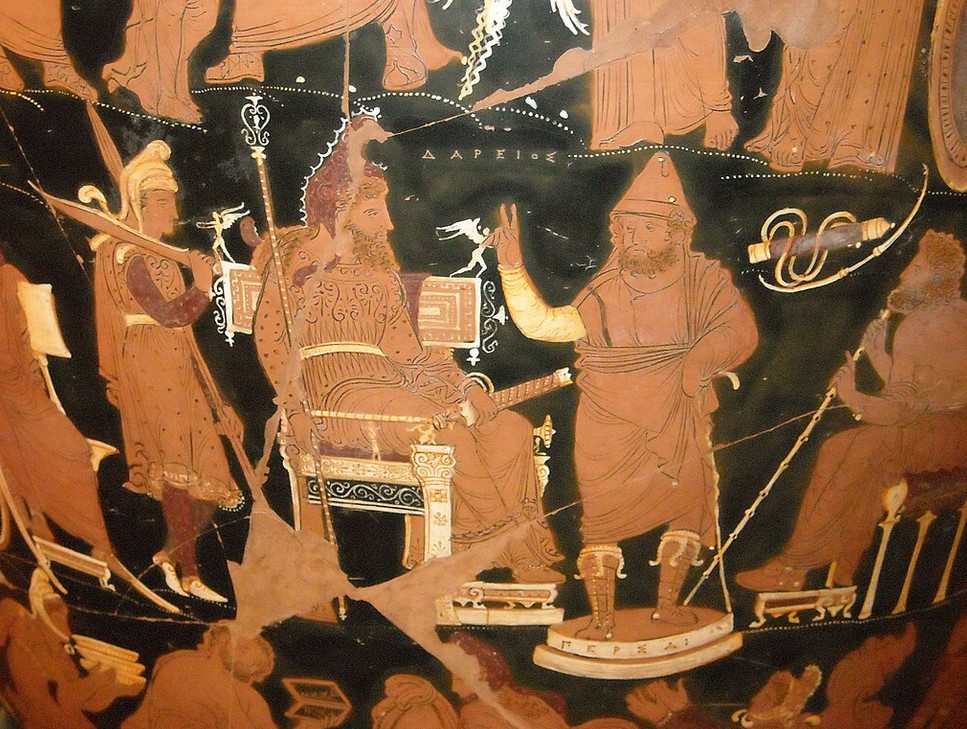 Darius receiving advice from the Persians. Notice the hand raised with two fingers extended in the typical gesture that for the ancient and medieval painters indicated who is talking