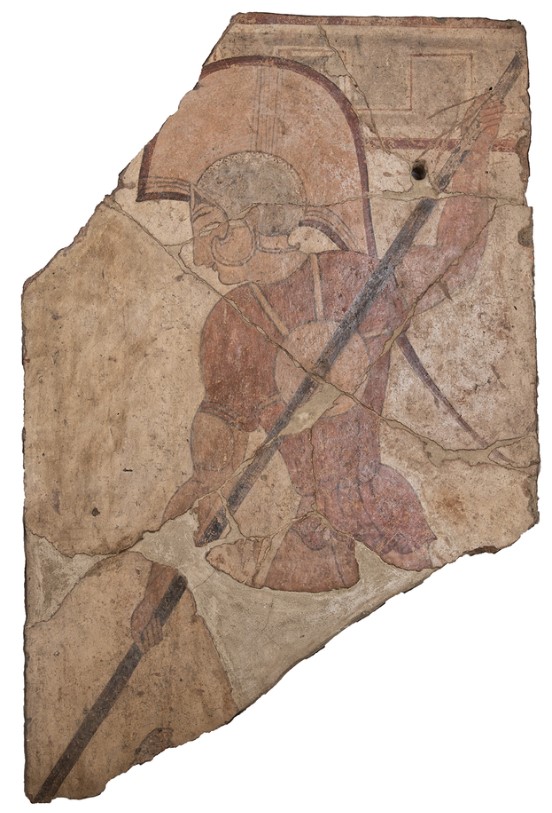 Clay slab with warrior wearing a kardiophylax painted from Cerae - Cerveteri National Archaeological Museum