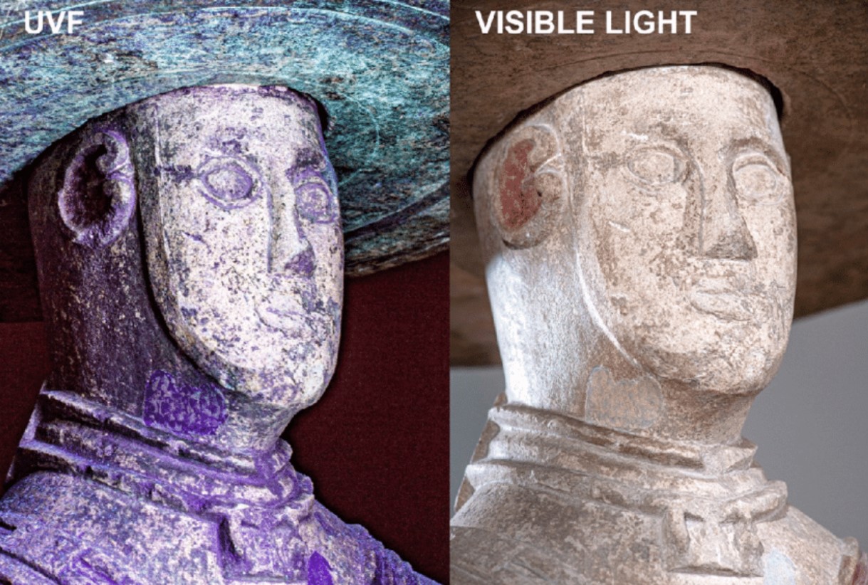 The face of the warrior of Capestrano photographed both in visible light and in exploiting the fluorescence induced by UV light. Note the areas that contain a greater amount of white color and especially the mask on the face.