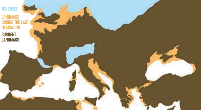 To note how Sicily was closer to Tunisian coast during Paleolithic Age, the orange area (https://uomodialtamura.it).
