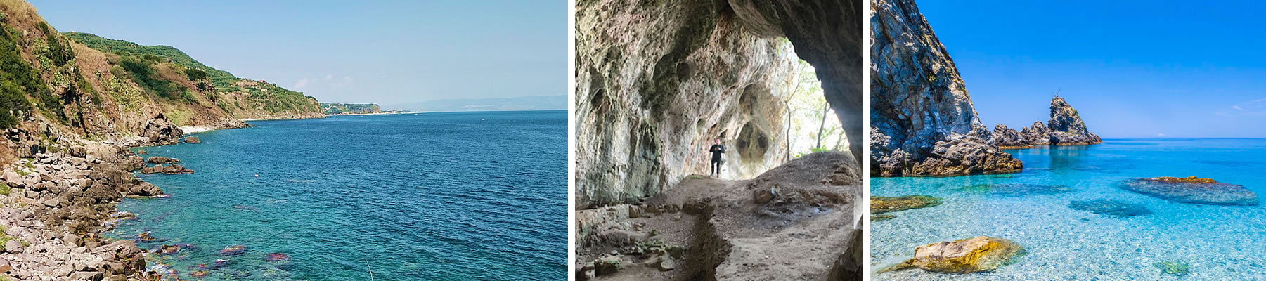 Left: the coast of Caletta Rovaglioso, cliff Porto Oreste. Center: the interior of the Pietrosa cave on the Trachina's beach. Right: the rocks of Marina di Palmi