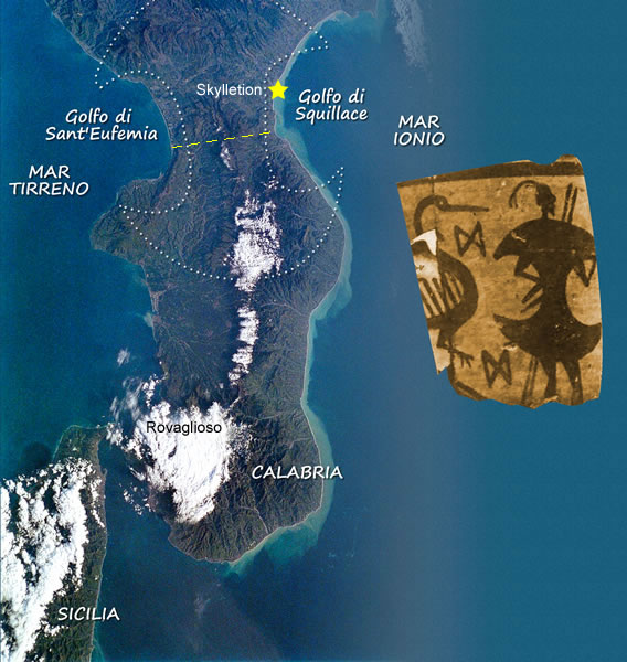 The shield of the Homeric era with its typical two semicircular matches the shape of the isthmus of Calabria with its two gulfs. On the right, a detail of a vase (c. 750 BCE) in the National Museum in Athens. One notices a Warrior with a dipylon shield depicted.