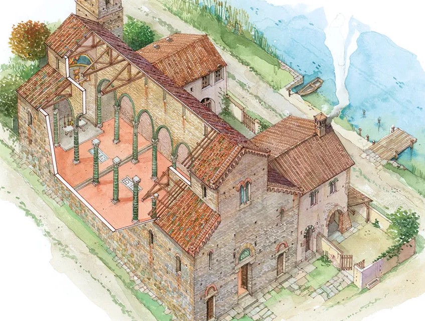 The image is a hypothetical reconstruction of the Church of the Holy Apostles in the Middle Ages and highlights the its vicinity to the Arno river; an aspect that isn’t gathered easily, since the church, due to its small size, is almost partly hidden by the modern buildings of the Lungarno.