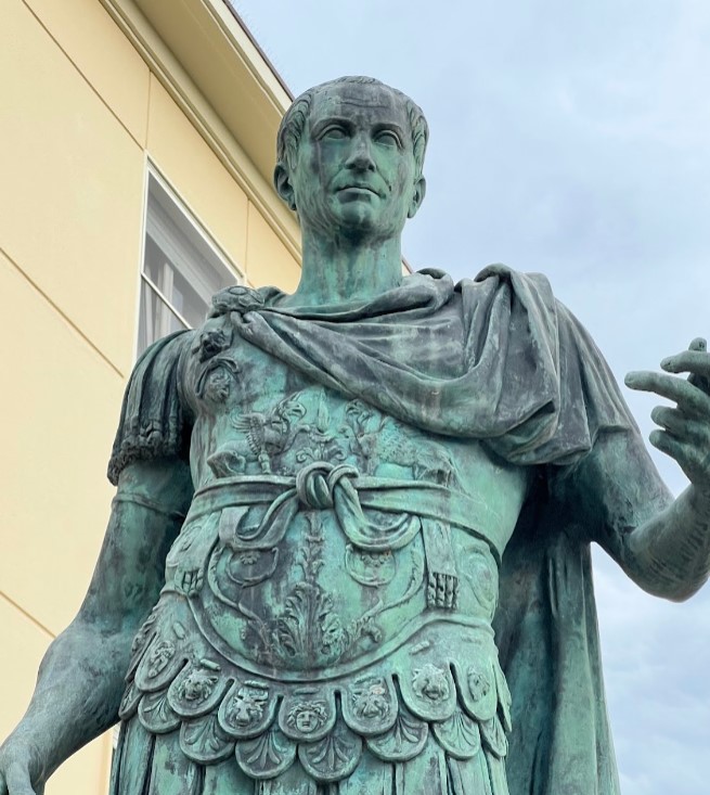 Savignano sul Rubicone, Statue of Julius Caesar at the old bridge (I CE) across the Rubico at Savignano