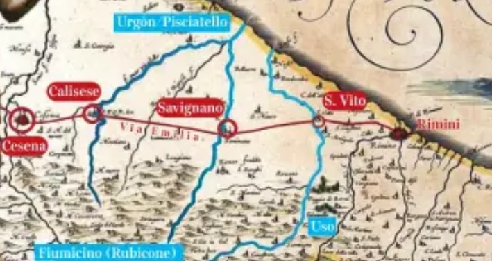 The ancient cities of Rimini and Cesena, and three rivers Uso, Fiumicino or Pisciatello (Urgòn)