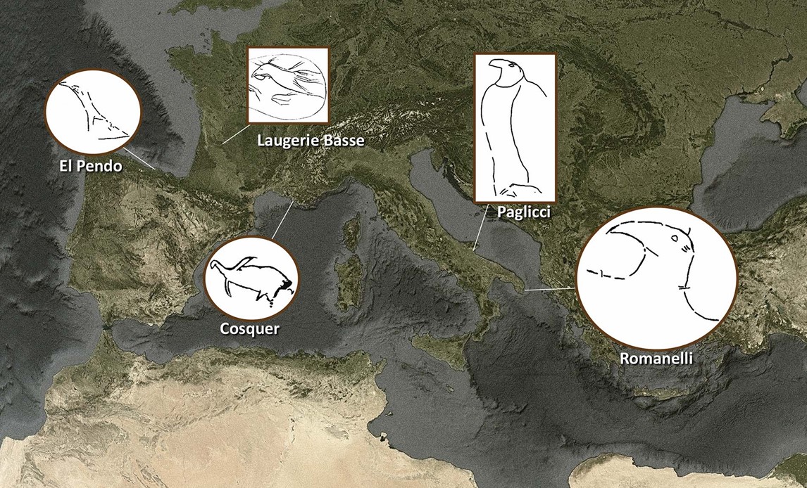 Distribution of auk figures. Parietal art examples shown are in circles, portable art in squares (figure by D. Sigari).