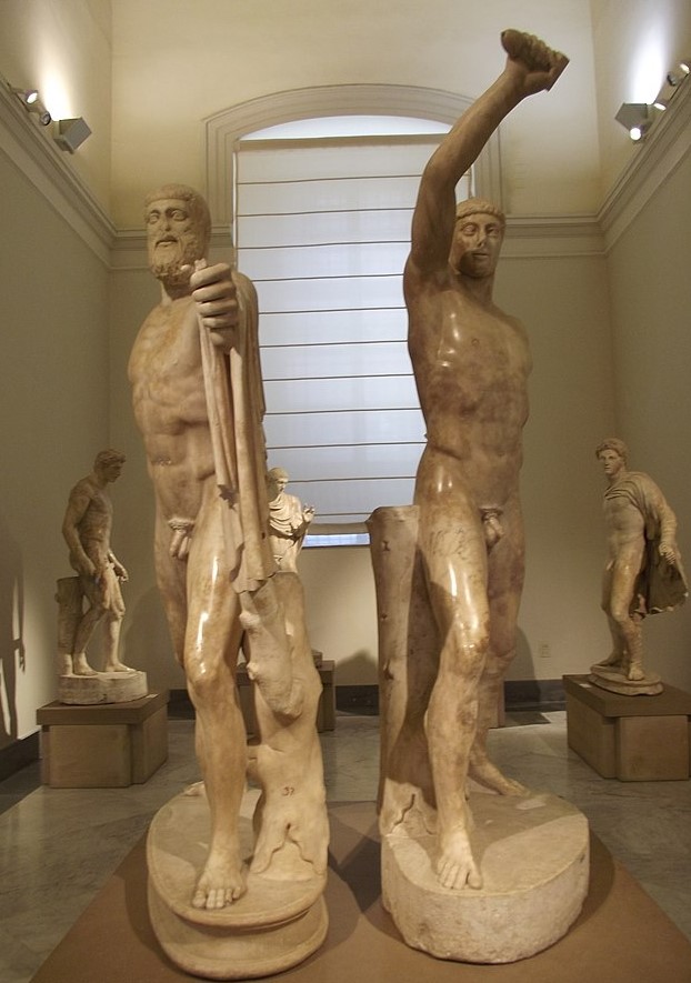 Tyrannicide group, Harmodius and Aristogeiton, Roman copy, 2nd century CE, from a Greek bronze original of the early classic period. Naples National Archaeological Museum