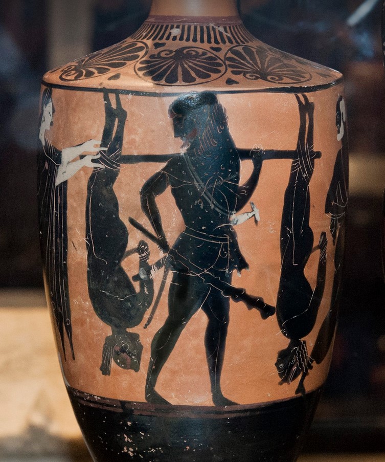 Oxford’s lekythos shows Heracles and the hung Cercopes between a woman and an old man. Attic black-figured lekythos. Made in Athens (about 550-500 BCE). Oxford, Ashmolean Museum.