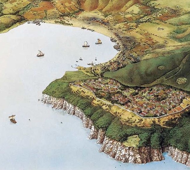 Reconstruction of the Gulf of Baratti (near Tuscany) in the 6th Century BCE. At this time the city of Populonia had a wall surrounding a lage part of the promontory. At the highest point is the Acropolis.