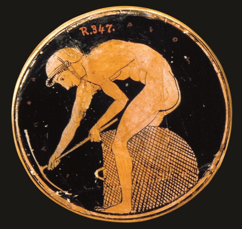 The enslaved people of the mines survived about two years. On this vase of the V century BCE is depicted a minern