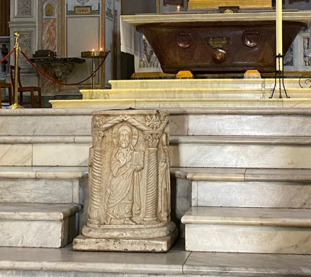 The marble well in the center of the nave of the church originally was in one of the courtyards of the Temple of Asclepius