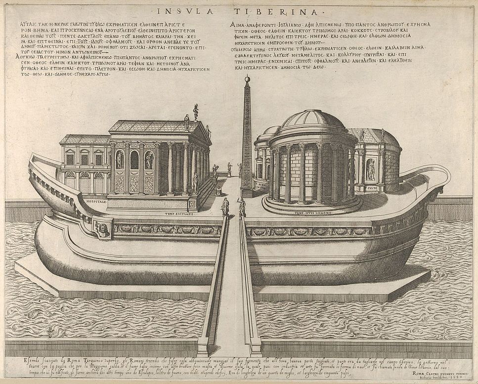 The Tiber Island. An engraving by Nicolaus van Aelst (16th century) based on a drawing by E. du Pérac.