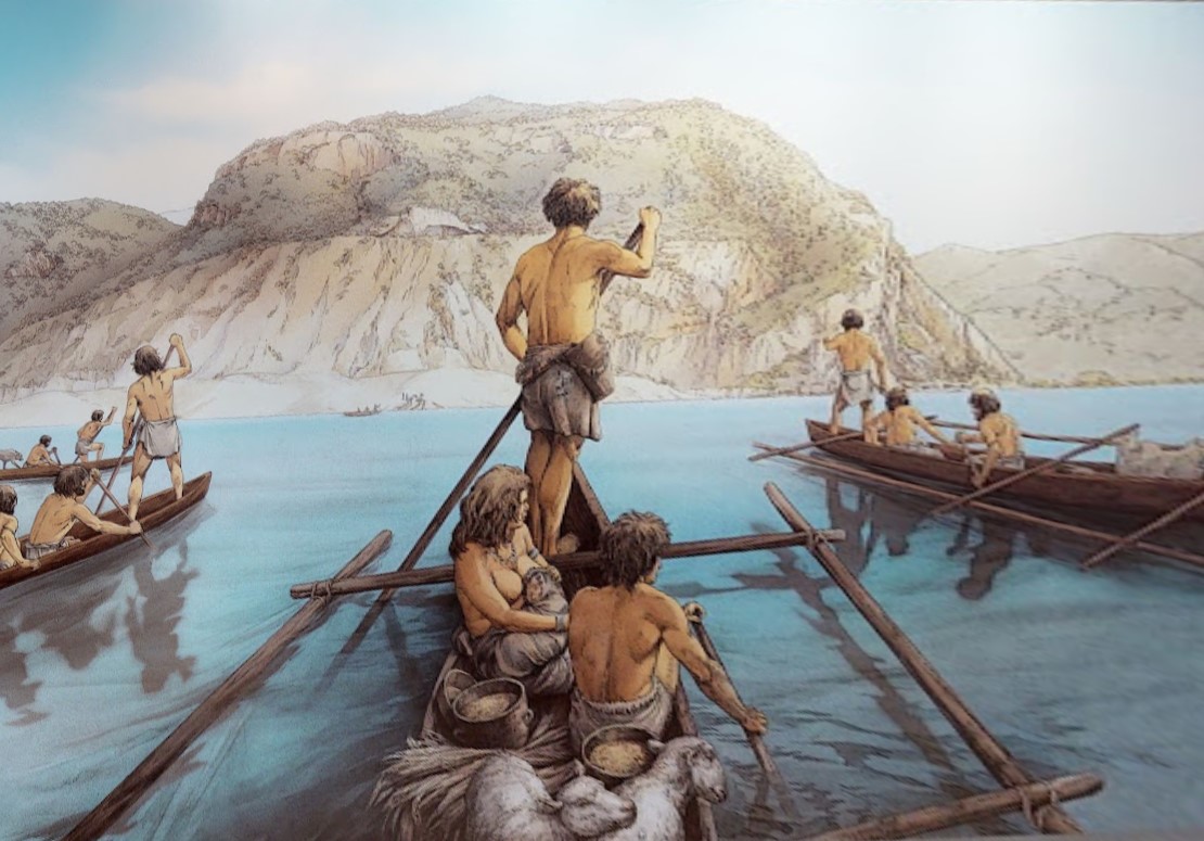The landing of the first Neolithic farmers-breeders settlers on the Ligurian coast in 5800 BCE (Archaeological Museum in Finale Ligure, Savona)
