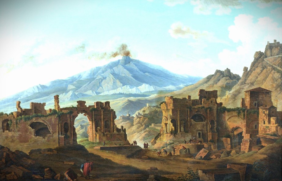 A view of the Greek theatre in Taormina with the volcano Etna by Pietro Fabris, 1779