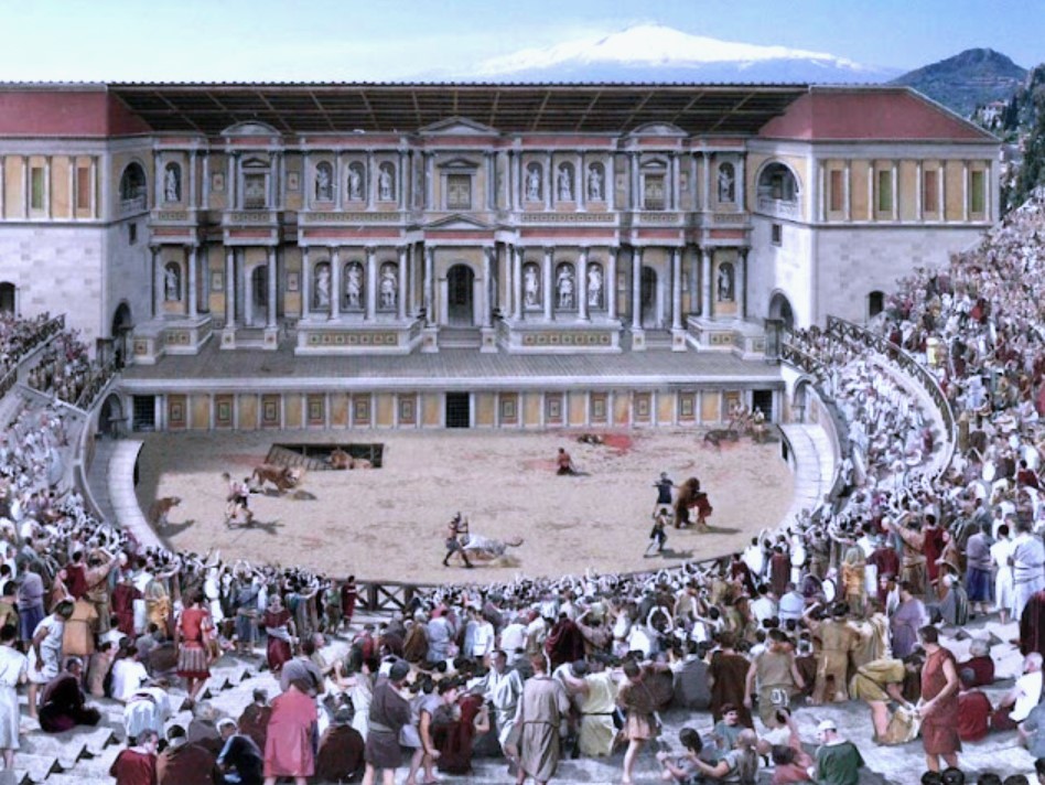 A graphic reconstruction of the Roman Theatre of Taormina with gladiators and wild beasts